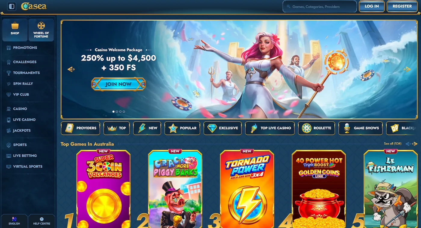 Casea casino frontpage with welcome offer, top online pokies and site navigation